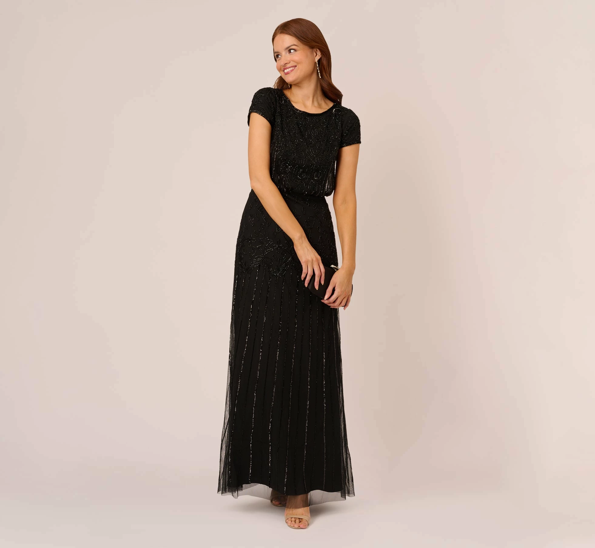 Adrianna Papell Short Sleeve Blouson Beaded Gown In Black 2 Adrianna Papell Short Sleeve Blouson Beaded Gown In Black - Image 2