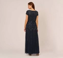 Adrianna Papell Short Sleeve Blouson Beaded Gown In Navy -Adrianna Papell Shop 191906600 NAV Regular Back