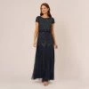 Adrianna Papell Short Sleeve Blouson Beaded Gown In Navy