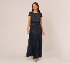 Adrianna Papell Short Sleeve Blouson Beaded Gown In Navy