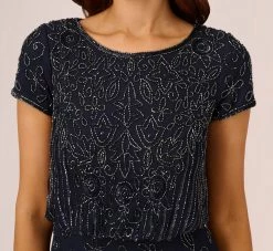 Adrianna Papell Short Sleeve Blouson Beaded Gown In Navy -Adrianna Papell Shop 191906600 NAV Regular Detail