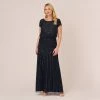 Adrianna Papell Plus Size Short Sleeve Blouson Beaded Gown In Navy