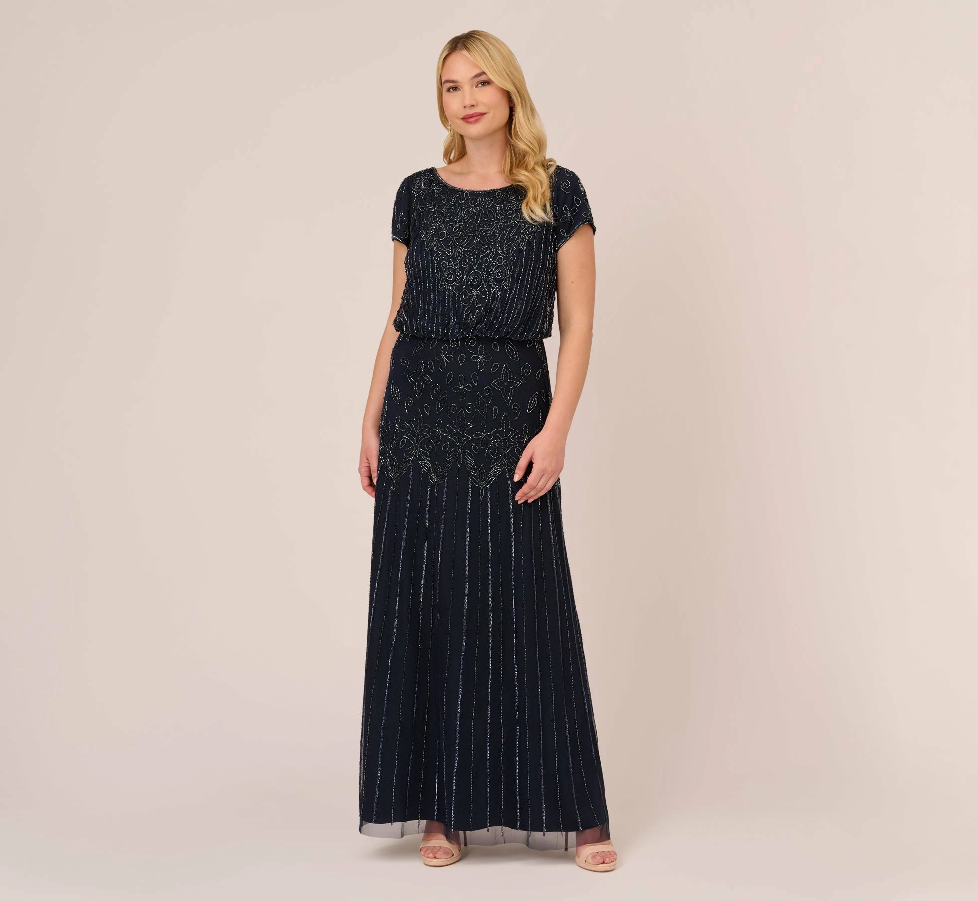 Adrianna Papell Plus Size Short Sleeve Blouson Beaded Gown In Navy 1 Adrianna Papell Plus Size Short Sleeve Blouson Beaded Gown In Navy