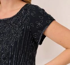 Adrianna Papell Plus Size Short Sleeve Blouson Beaded Gown In Navy 9 Adrianna Papell Plus Size Short Sleeve Blouson Beaded Gown In Navy -Adrianna Papell Shop 191906601 NAV Plus Detail