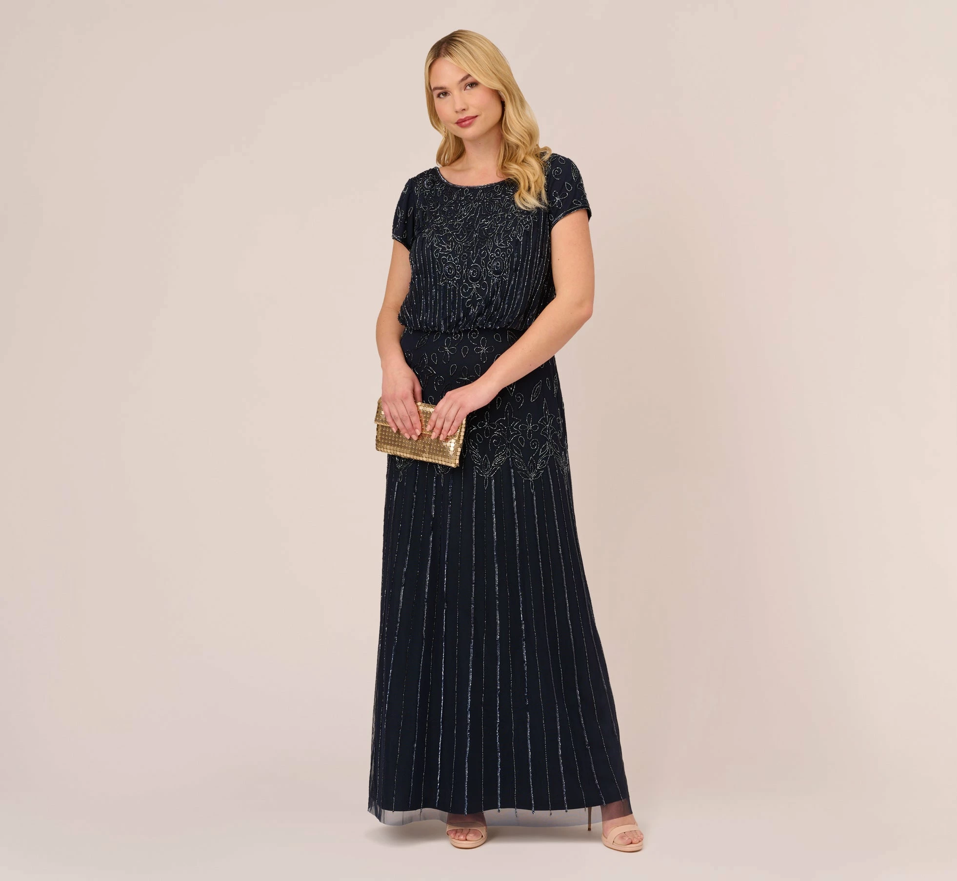 Adrianna Papell Plus Size Short Sleeve Blouson Beaded Gown In Navy 2 Adrianna Papell Plus Size Short Sleeve Blouson Beaded Gown In Navy - Image 2
