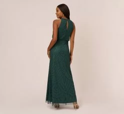 Adrianna Papell Art Deco Beaded Blouson Dress With Halter Neckline In Dusty Emerald 9 Adrianna Papell Art Deco Beaded Blouson Dress With Halter Neckline In Dusty Emerald -Adrianna Papell Shop 191914100 AA302 Regular Back