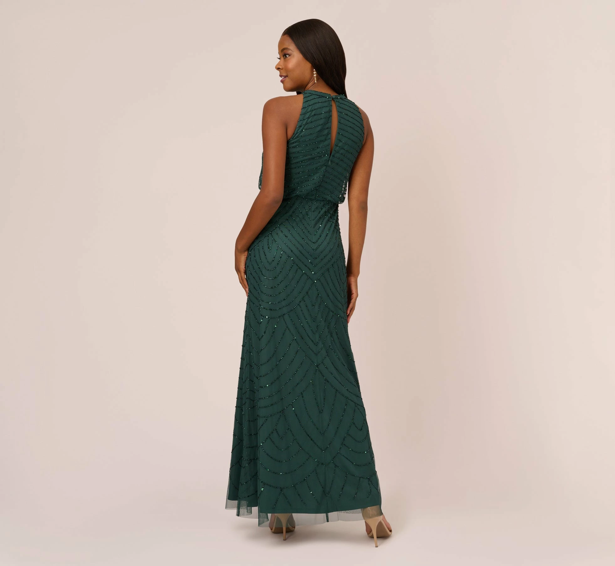 Adrianna Papell Art Deco Beaded Blouson Dress With Halter Neckline In Dusty Emerald 4 Adrianna Papell Art Deco Beaded Blouson Dress With Halter Neckline In Dusty Emerald - Image 4