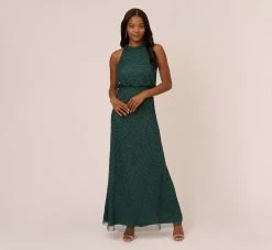 Adrianna Papell Art Deco Beaded Blouson Dress With Halter Neckline In Dusty Emerald