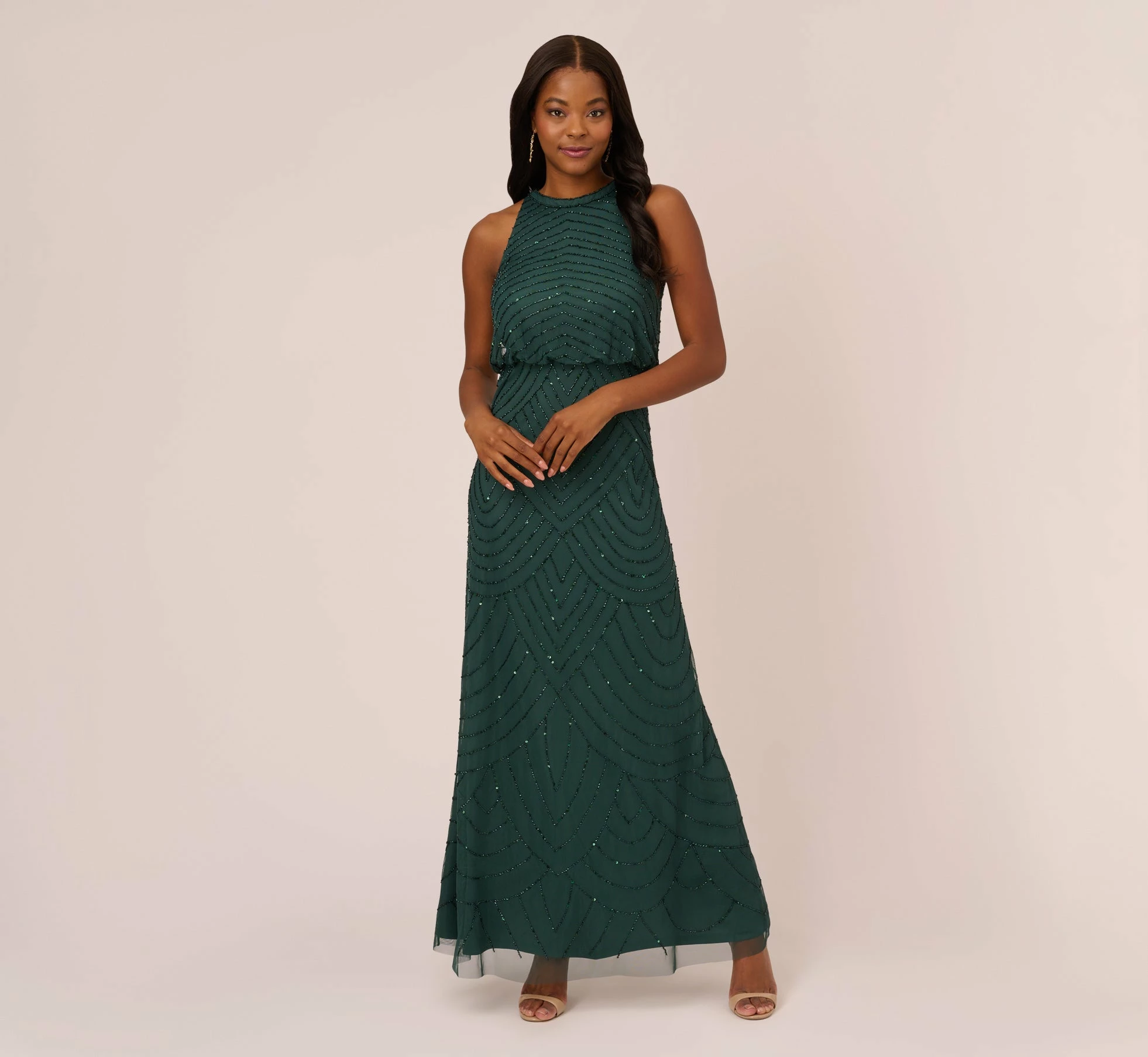 Adrianna Papell Art Deco Beaded Blouson Dress With Halter Neckline In Dusty Emerald 1 Adrianna Papell Art Deco Beaded Blouson Dress With Halter Neckline In Dusty Emerald