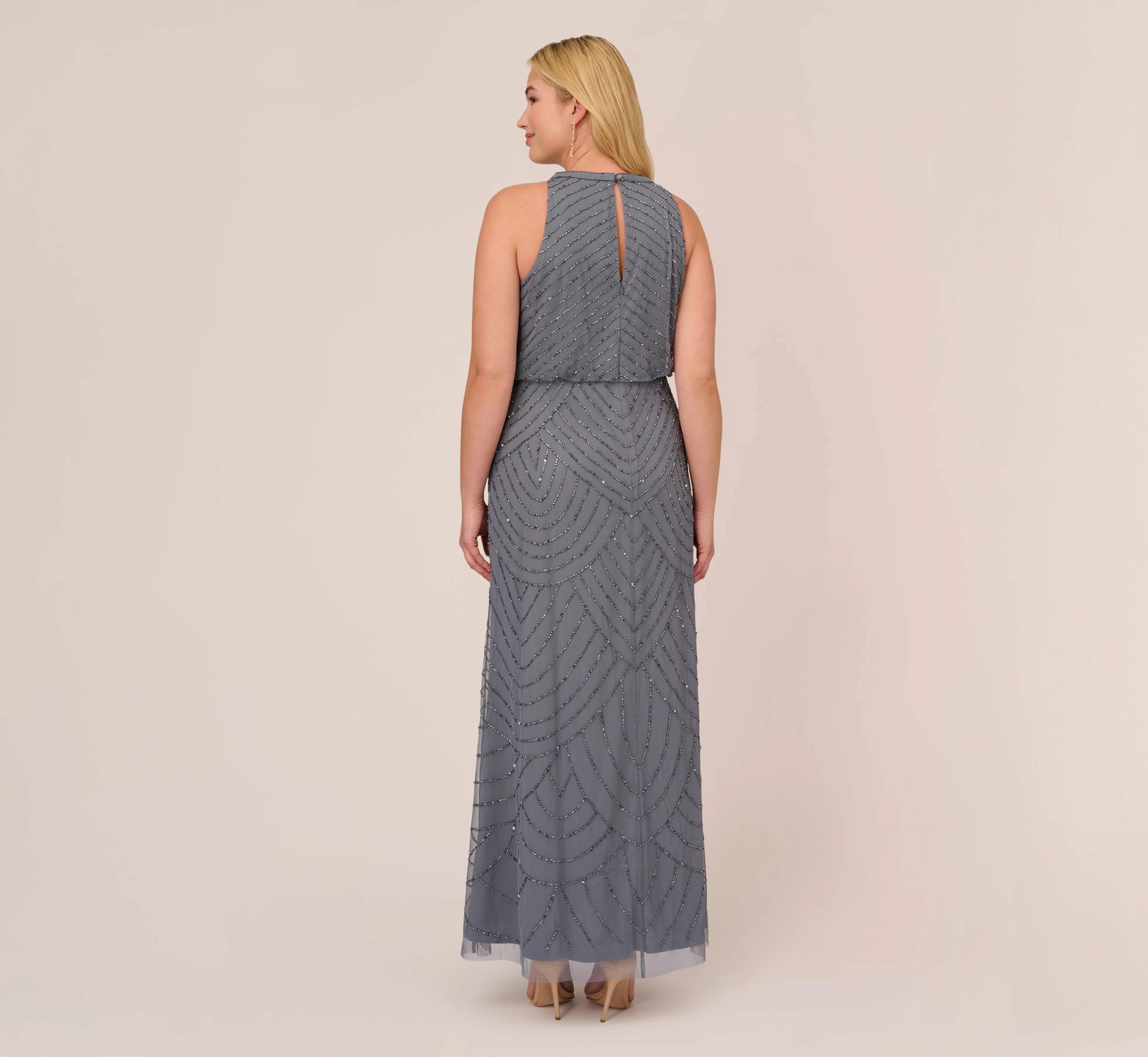 Adrianna Papell Plus Size Art Deco Beaded Blouson Dress With Halter Neckline In Dusty Blue 4 Adrianna Papell Plus Size Art Deco Beaded Blouson Dress With Halter Neckline In Dusty Blue - Image 4