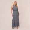 Adrianna Papell Plus Size Art Deco Beaded Blouson Dress With Halter Neckline In Dusty Blue
