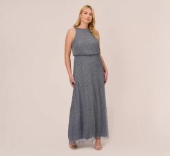 Adrianna Papell Plus Size Art Deco Beaded Blouson Dress With Halter Neckline In Dusty Blue