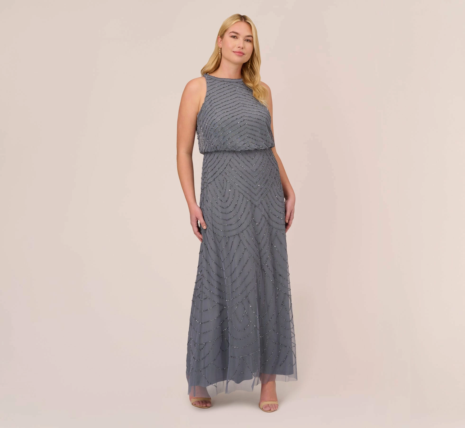 Adrianna Papell Plus Size Art Deco Beaded Blouson Dress With Halter Neckline In Dusty Blue 1 Adrianna Papell Plus Size Art Deco Beaded Blouson Dress With Halter Neckline In Dusty Blue