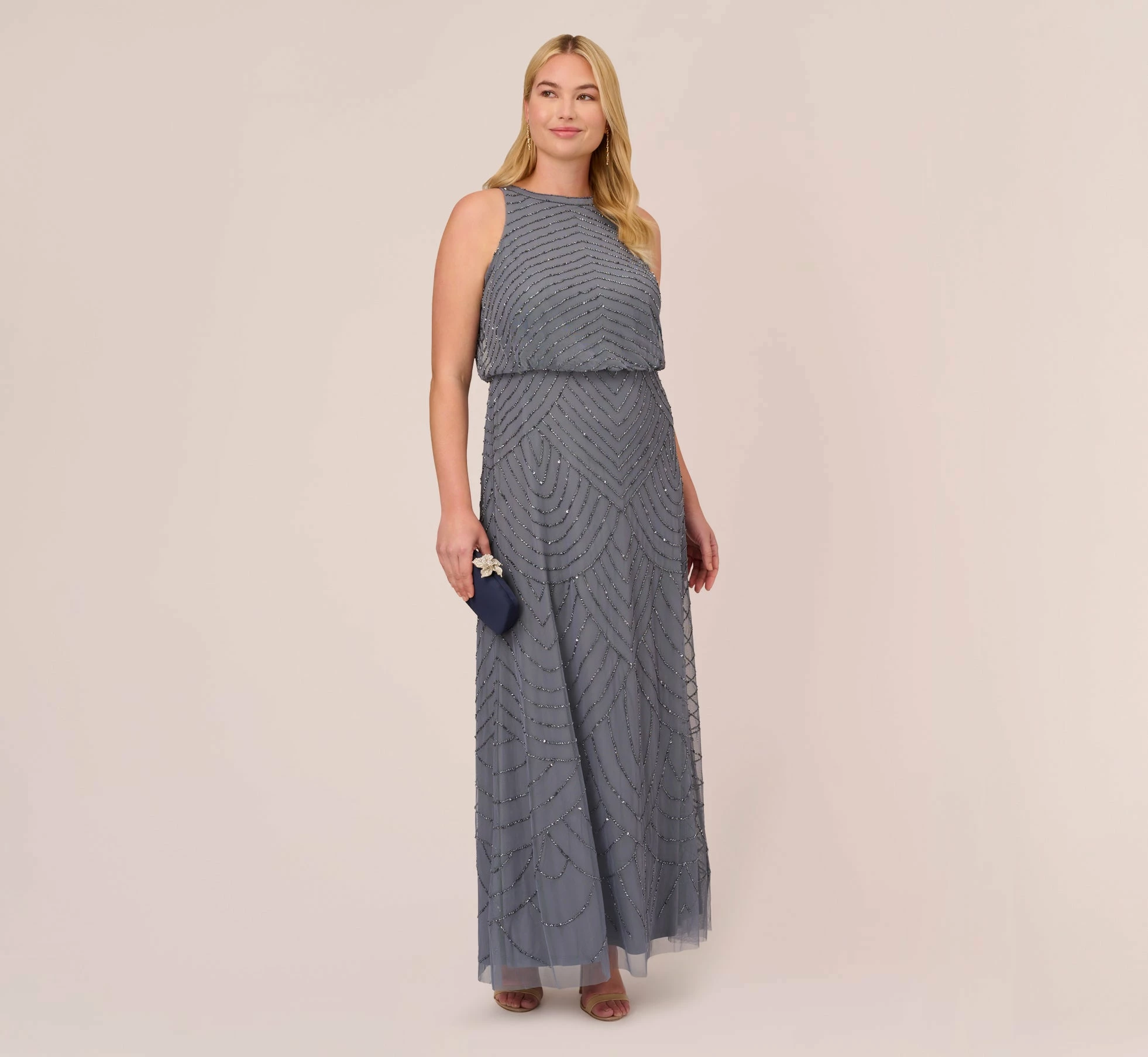 Adrianna Papell Plus Size Art Deco Beaded Blouson Dress With Halter Neckline In Dusty Blue 2 Adrianna Papell Plus Size Art Deco Beaded Blouson Dress With Halter Neckline In Dusty Blue - Image 2
