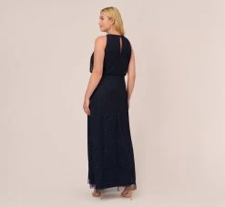 Adrianna Papell Plus Size Art Deco Beaded Blouson Dress With Halter Neckline In Navy Black 9 Adrianna Papell Plus Size Art Deco Beaded Blouson Dress With Halter Neckline In Navy Black -Adrianna Papell Shop 191914100 AI410 Plus Back