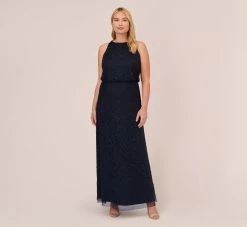 Adrianna Papell Plus Size Art Deco Beaded Blouson Dress With Halter Neckline In Navy Black