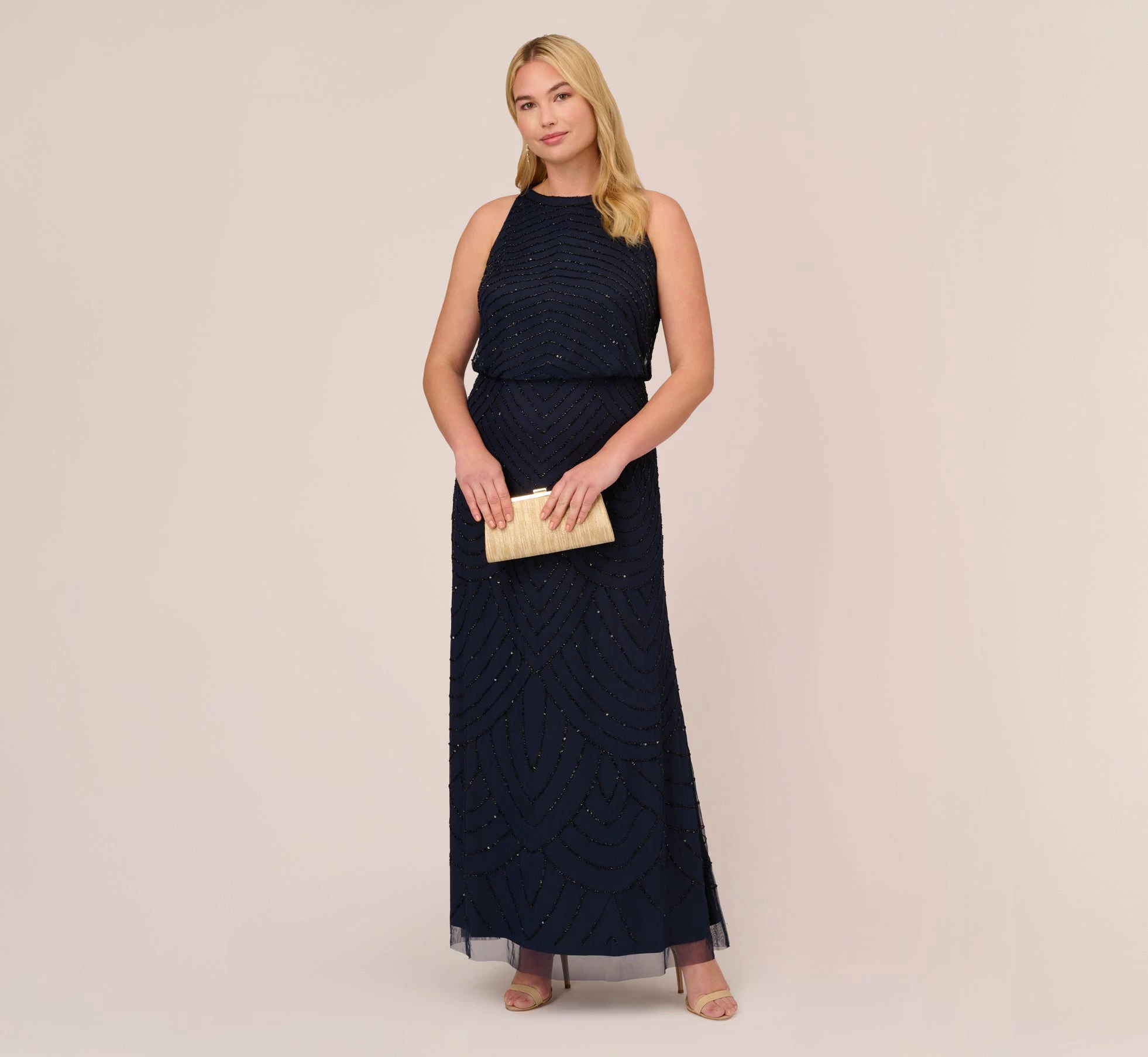 Adrianna Papell Plus Size Art Deco Beaded Blouson Dress With Halter Neckline In Navy Black 2 Adrianna Papell Plus Size Art Deco Beaded Blouson Dress With Halter Neckline In Navy Black - Image 2