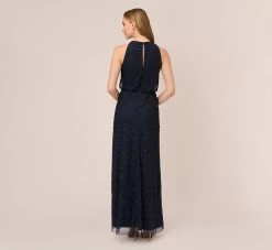 Adrianna Papell Art Deco Beaded Blouson Dress With Halter Neckline In Navy Black -Adrianna Papell Shop 191914100 AI410 Regular Back