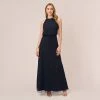 Adrianna Papell Art Deco Beaded Blouson Dress With Halter Neckline In Navy Black