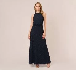 Adrianna Papell Art Deco Beaded Blouson Dress With Halter Neckline In Navy Black