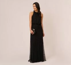 Adrianna Papell Art Deco Beaded Blouson Dress With Halter Neckline In Black Black