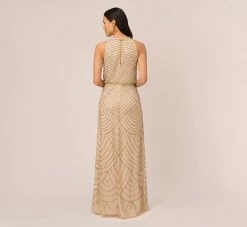 Adrianna Papell Art Deco Beaded Blouson Dress With Halter Neckline In Nude -Adrianna Papell Shop 191914100 NUD Regular Back