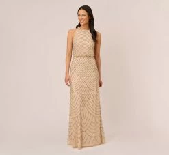 Adrianna Papell Art Deco Beaded Blouson Dress With Halter Neckline In Nude