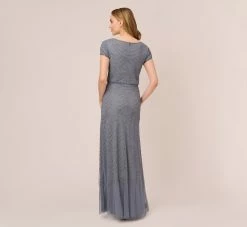 Adrianna Papell Short Sleeve Beaded Blouson Gown In Dusty Blue 9 Adrianna Papell Short Sleeve Beaded Blouson Gown In Dusty Blue -Adrianna Papell Shop 191916100 AA463 Regular Back