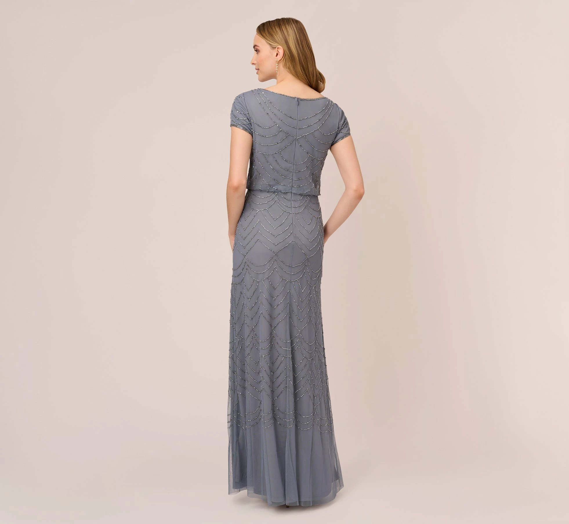 Adrianna Papell Short Sleeve Beaded Blouson Gown In Dusty Blue 4 Adrianna Papell Short Sleeve Beaded Blouson Gown In Dusty Blue - Image 4