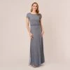 Adrianna Papell Short Sleeve Beaded Blouson Gown In Dusty Blue