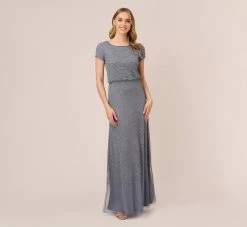 Adrianna Papell Short Sleeve Beaded Blouson Gown In Dusty Blue