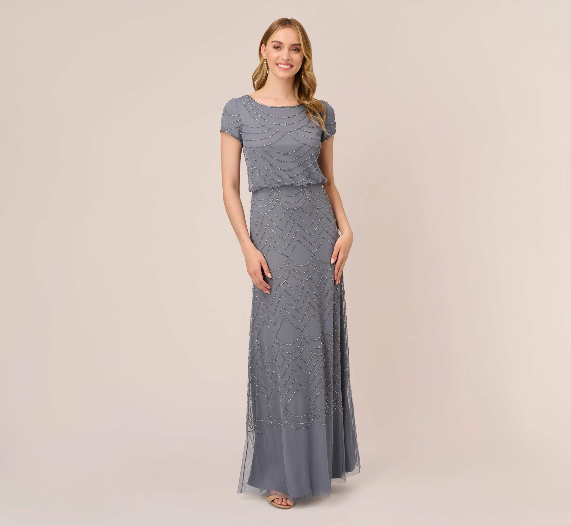 Adrianna Papell Short Sleeve Beaded Blouson Gown In Dusty Blue 1 Adrianna Papell Short Sleeve Beaded Blouson Gown In Dusty Blue