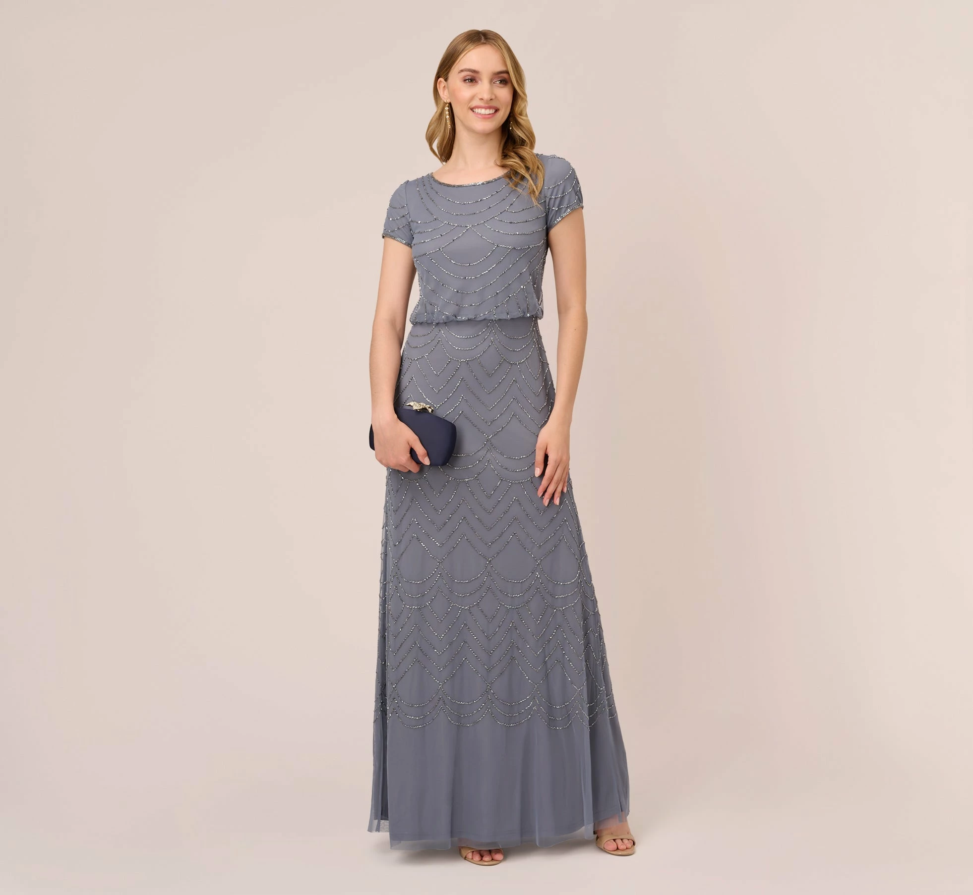 Adrianna Papell Short Sleeve Beaded Blouson Gown In Dusty Blue 2 Adrianna Papell Short Sleeve Beaded Blouson Gown In Dusty Blue - Image 2