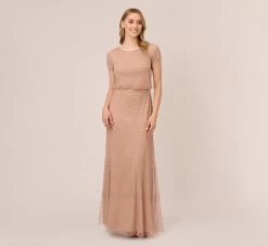 Adrianna Papell Short Sleeve Beaded Blouson Gown In Rose Gold