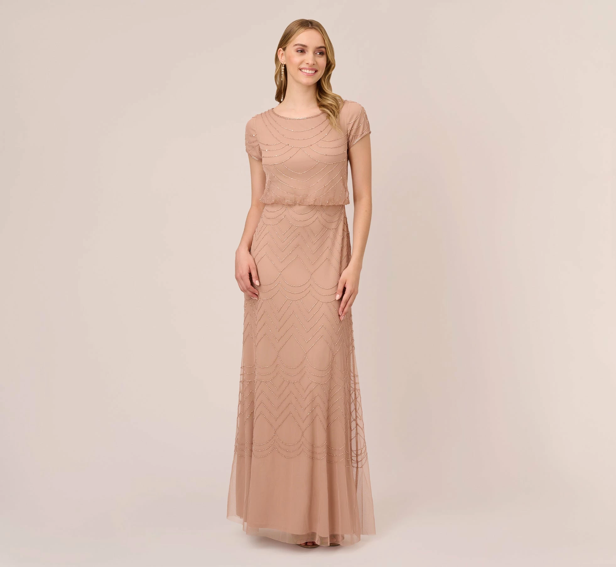 Adrianna Papell Short Sleeve Beaded Blouson Gown In Rose Gold 1 Adrianna Papell Short Sleeve Beaded Blouson Gown In Rose Gold