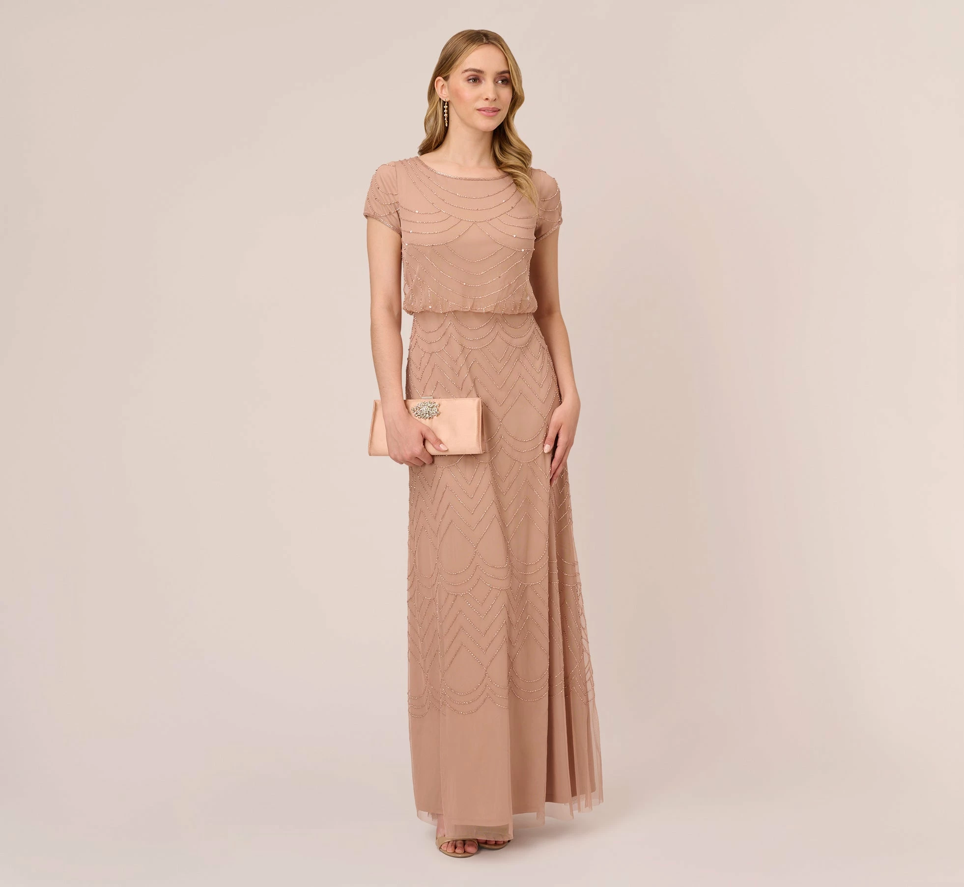 Adrianna Papell Short Sleeve Beaded Blouson Gown In Rose Gold 2 Adrianna Papell Short Sleeve Beaded Blouson Gown In Rose Gold - Image 2