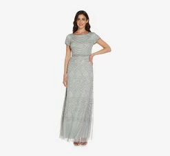 Adrianna Papell Short Sleeve Beaded Blouson Gown In Blue Mist