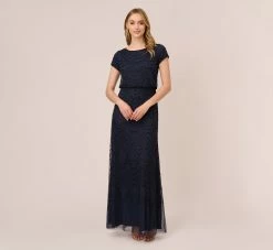 Adrianna Papell Short Sleeve Beaded Blouson Gown In Navy Black