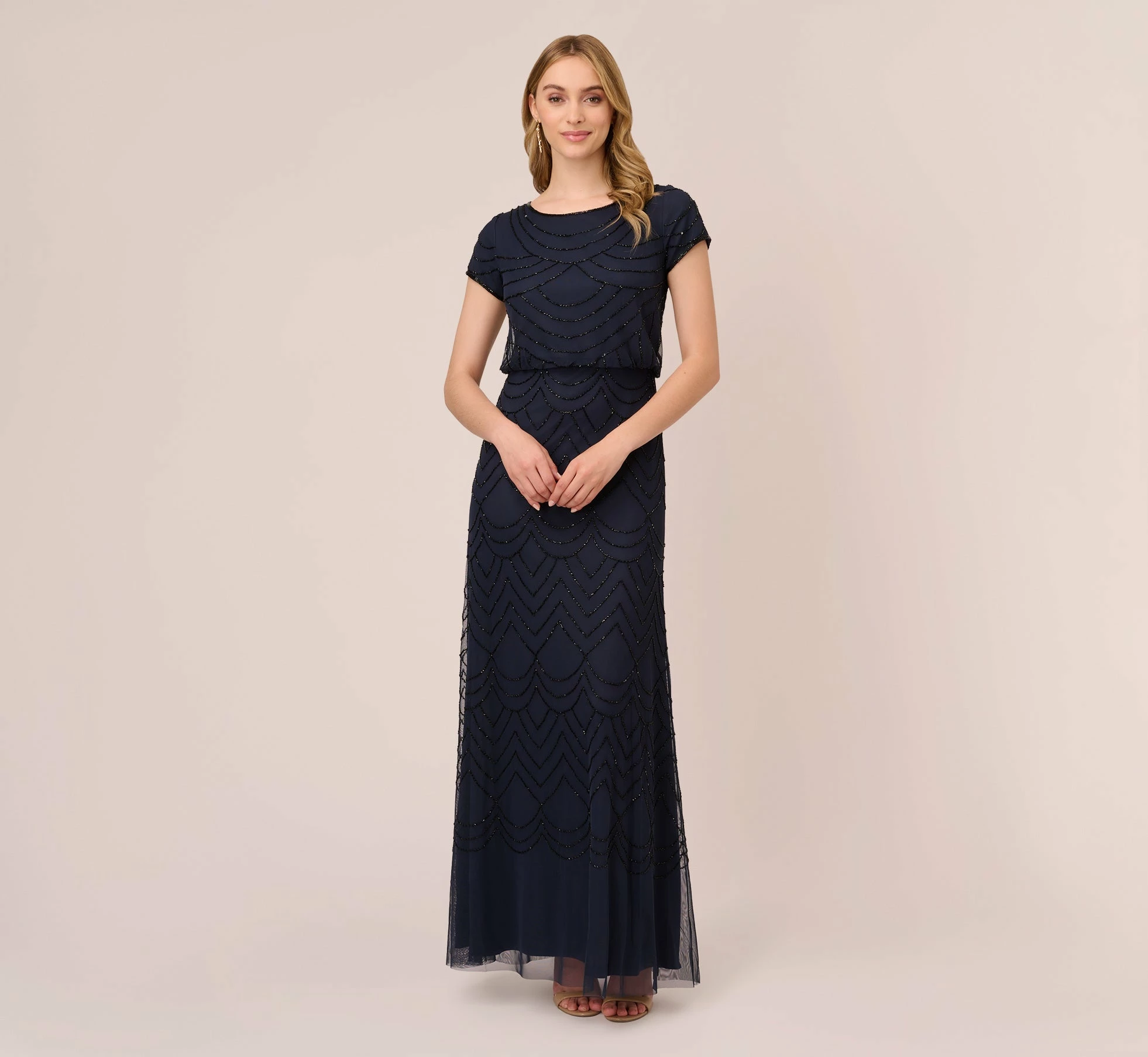 Adrianna Papell Short Sleeve Beaded Blouson Gown In Navy Black 1 Adrianna Papell Short Sleeve Beaded Blouson Gown In Navy Black