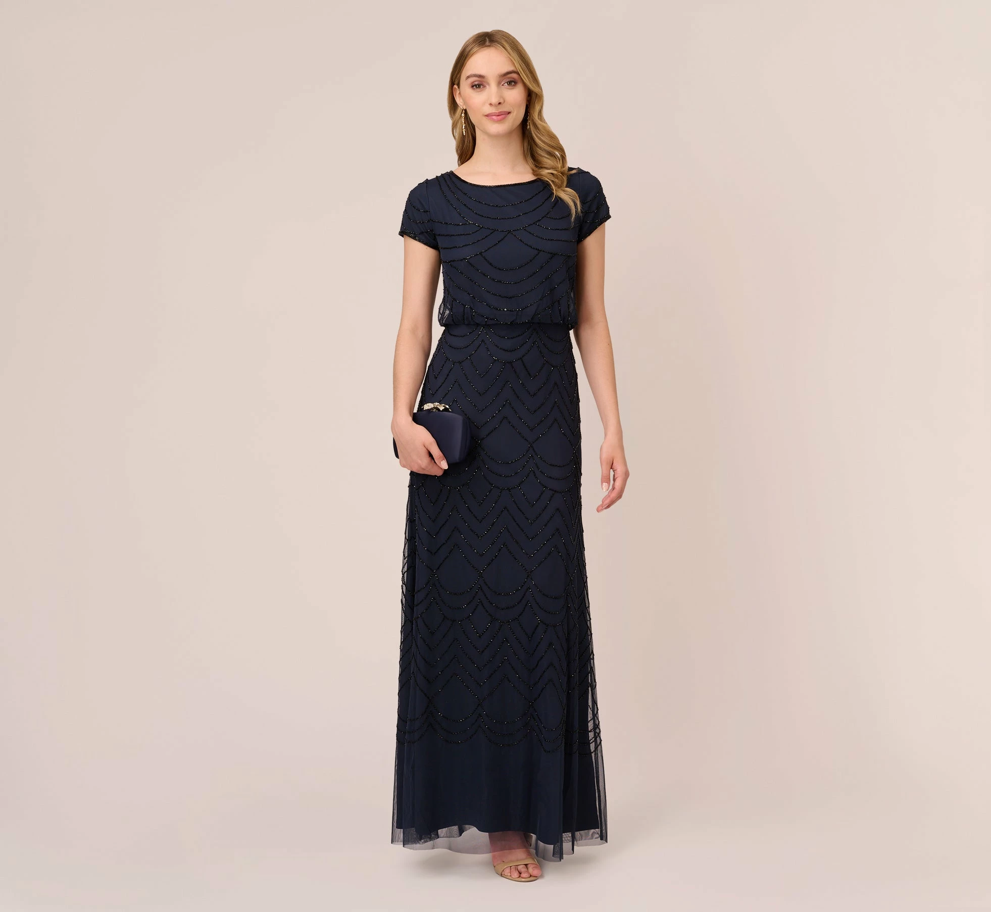 Adrianna Papell Short Sleeve Beaded Blouson Gown In Navy Black 2 Adrianna Papell Short Sleeve Beaded Blouson Gown In Navy Black - Image 2
