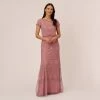 Adrianna Papell Short Sleeve Beaded Blouson Gown In Rose Mercury