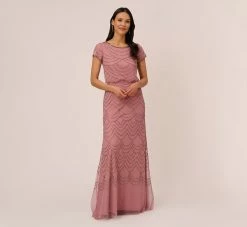 Adrianna Papell Short Sleeve Beaded Blouson Gown In Rose Mercury