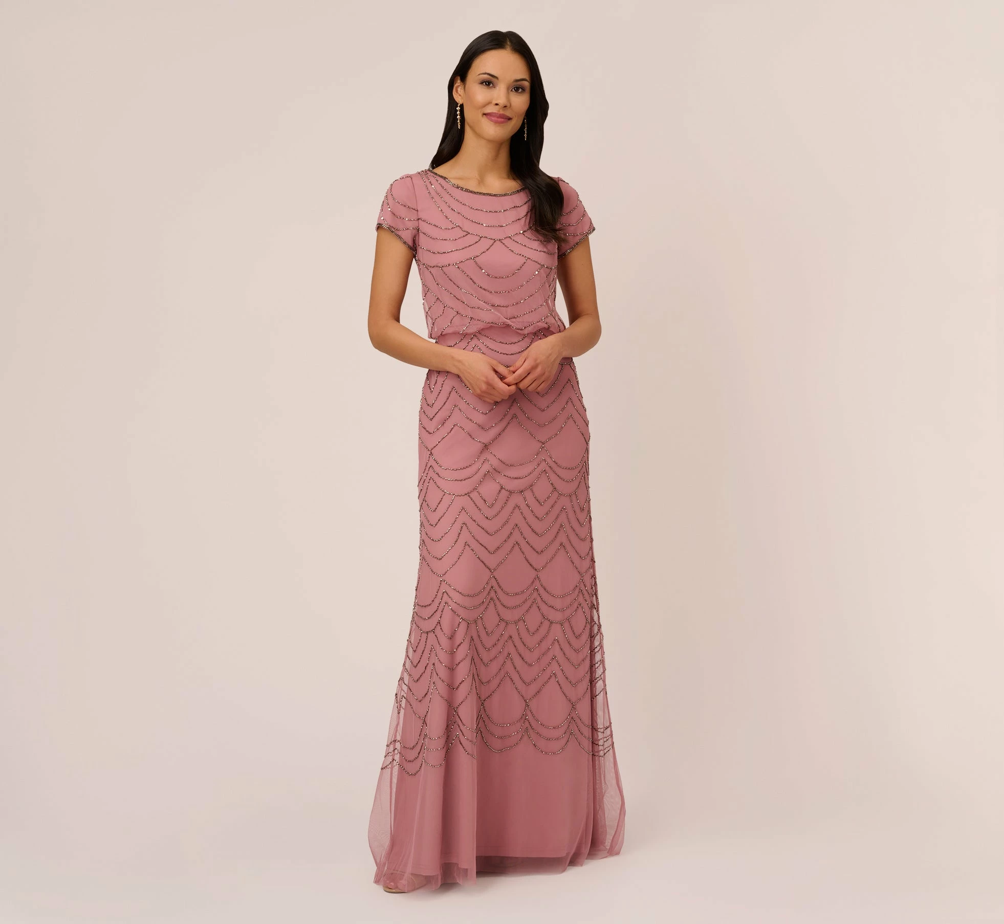Adrianna Papell Short Sleeve Beaded Blouson Gown In Rose Mercury 1 Adrianna Papell Short Sleeve Beaded Blouson Gown In Rose Mercury