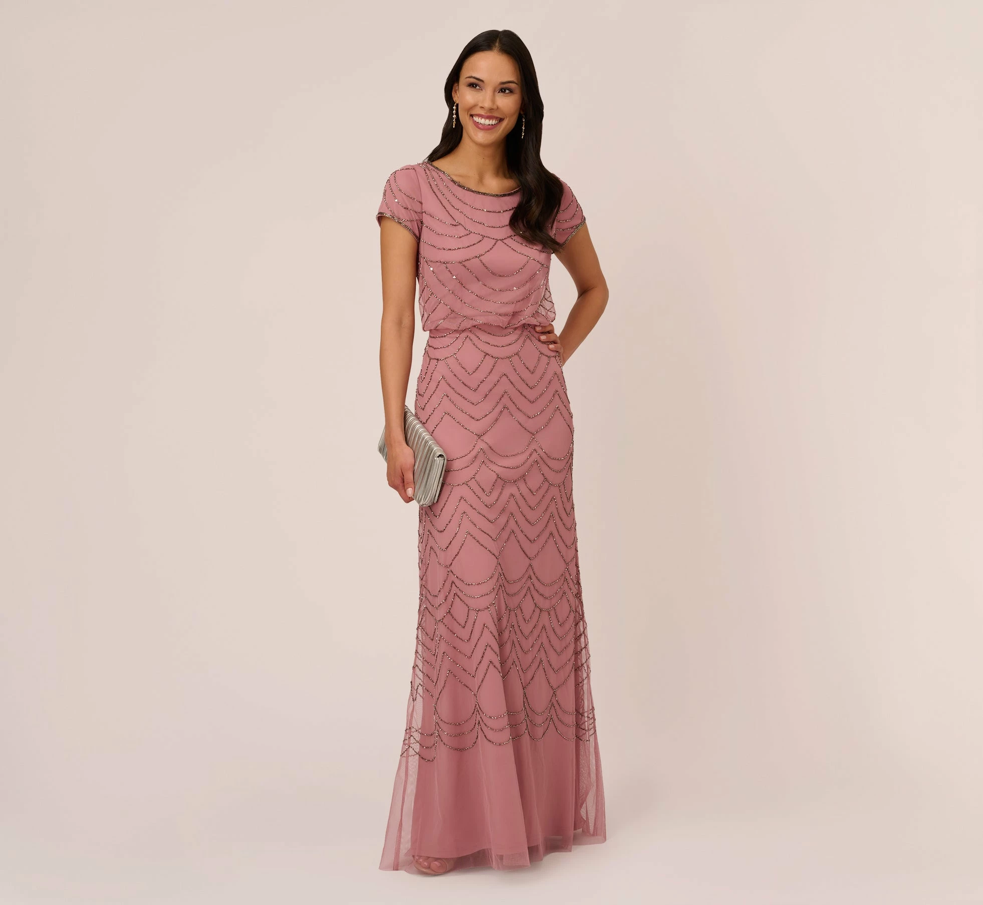 Adrianna Papell Short Sleeve Beaded Blouson Gown In Rose Mercury 2 Adrianna Papell Short Sleeve Beaded Blouson Gown In Rose Mercury - Image 2
