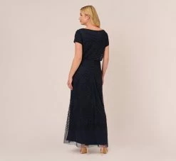 Adrianna Papell Plus Size Short Sleeve Beaded Blouson Gown In Navy Black -Adrianna Papell Shop 191916101 AI410 Plus Back