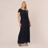 Adrianna Papell Plus Size Short Sleeve Beaded Blouson Gown In Navy Black