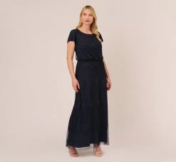 Adrianna Papell Plus Size Short Sleeve Beaded Blouson Gown In Navy Black