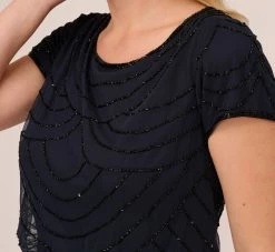 Adrianna Papell Plus Size Short Sleeve Beaded Blouson Gown In Navy Black -Adrianna Papell Shop 191916101 AI410 Plus Lifestyle