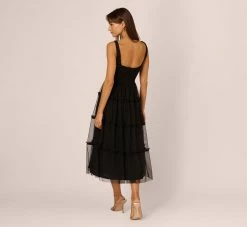 Sleeveless Midi Dress With Square Neck And Tiered Skirt In Black 9 Sleeveless Midi Dress With Square Neck And Tiered Skirt In Black -Adrianna Papell Shop ADAE211188 AA002 Regular Back