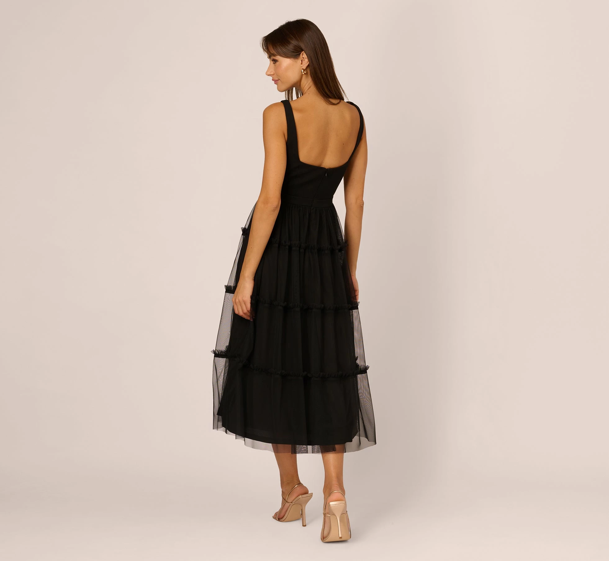 Sleeveless Midi Dress With Square Neck And Tiered Skirt In Black 4 Sleeveless Midi Dress With Square Neck And Tiered Skirt In Black - Image 4